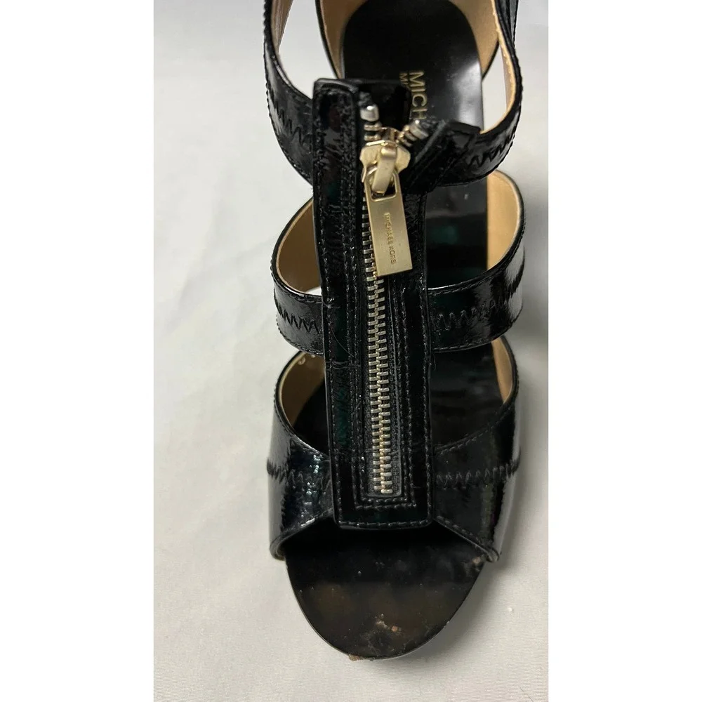 Michael Kors Black Patent Leather Front Zip Cage Sandals Heels PW18K Strapy‎ 8M
